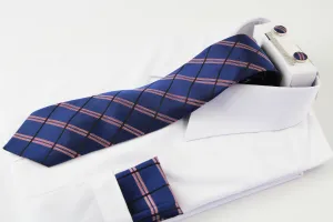 Mens Navy, Black & Red Checkered Matching Neck Tie, Pocket Square, Cuff Links And Tie Clip Set