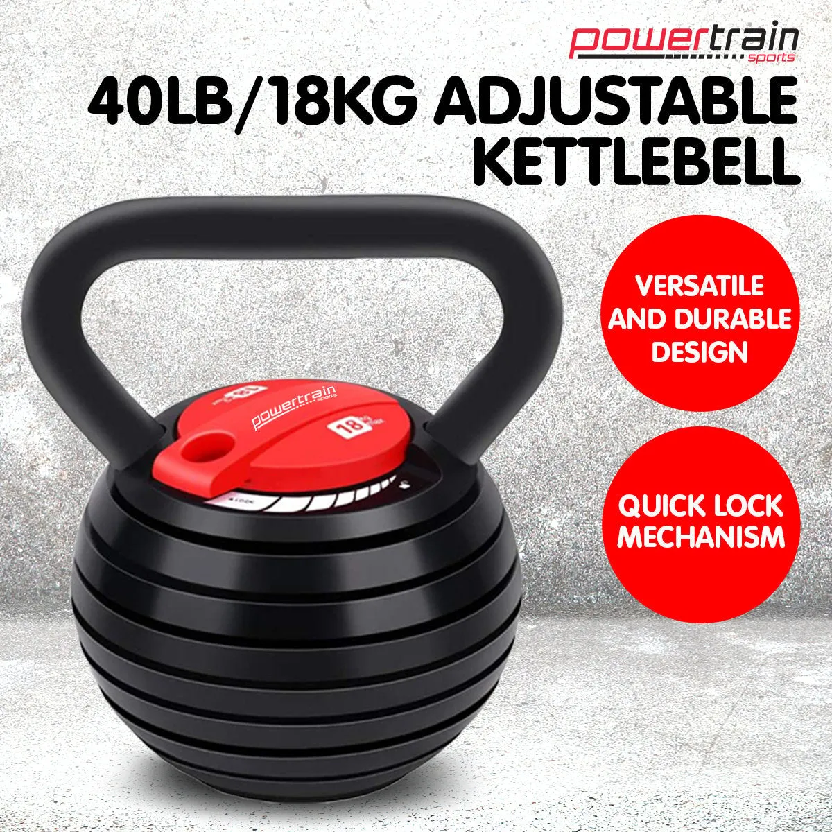 18kg Adjustable Kettlebell Quick-Lock Durable Design Powertrain