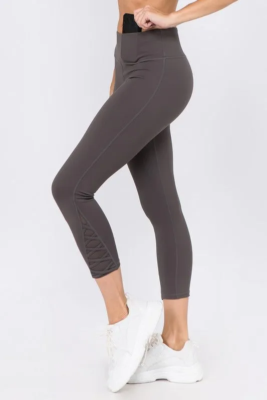 Active Crisscross Mesh Ankle Capri Legging-Charcoal