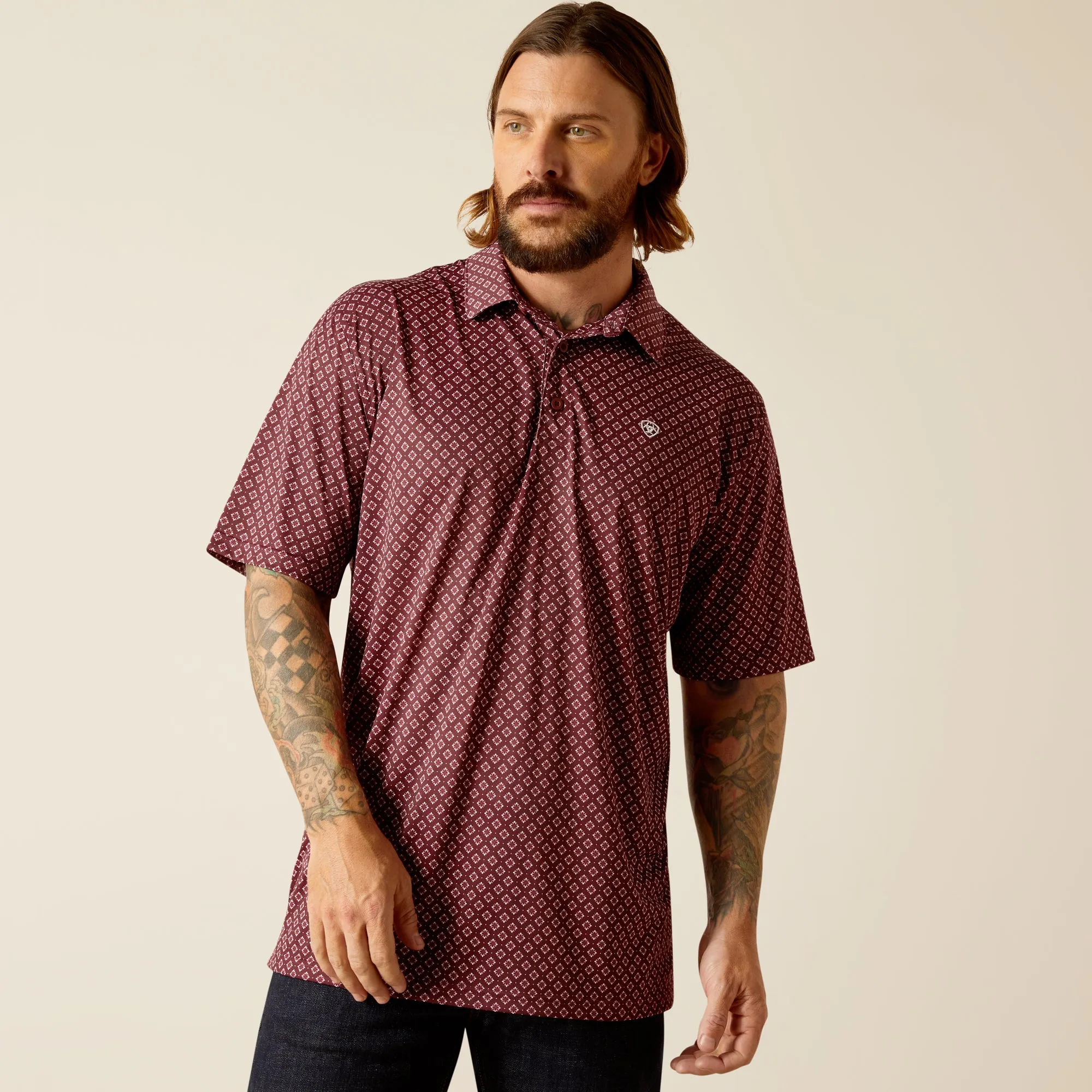 Ariat Dark Redwood All Over Geometric Print Polo Shirt for Men