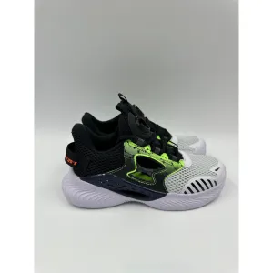 Big Kid Size 2, Black, White and Lime Green Sneakers with Rugged Urban Design