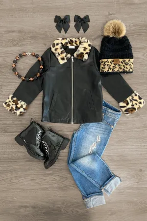 Black Cheetah Faux Fur Leather Jacket