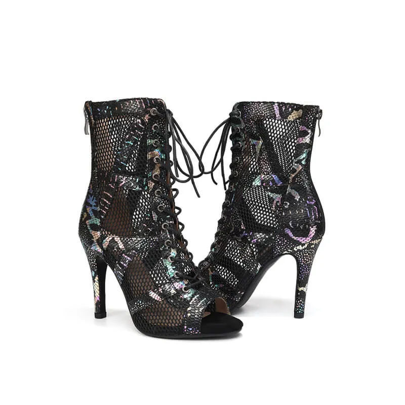 Black Classic Sexy Leopard Hollow Jazz Heels Ankle Boots