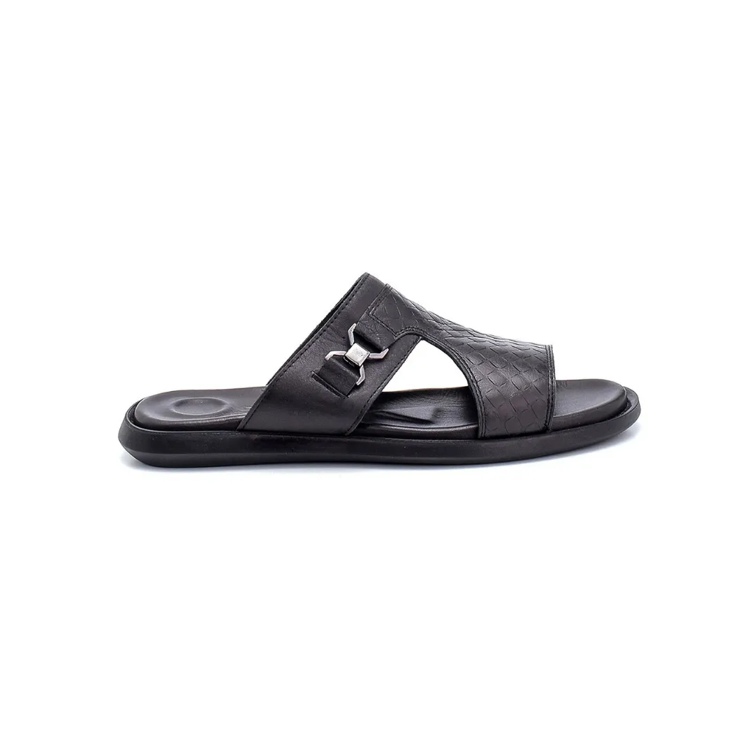 Black Men Leather Printed Slipper