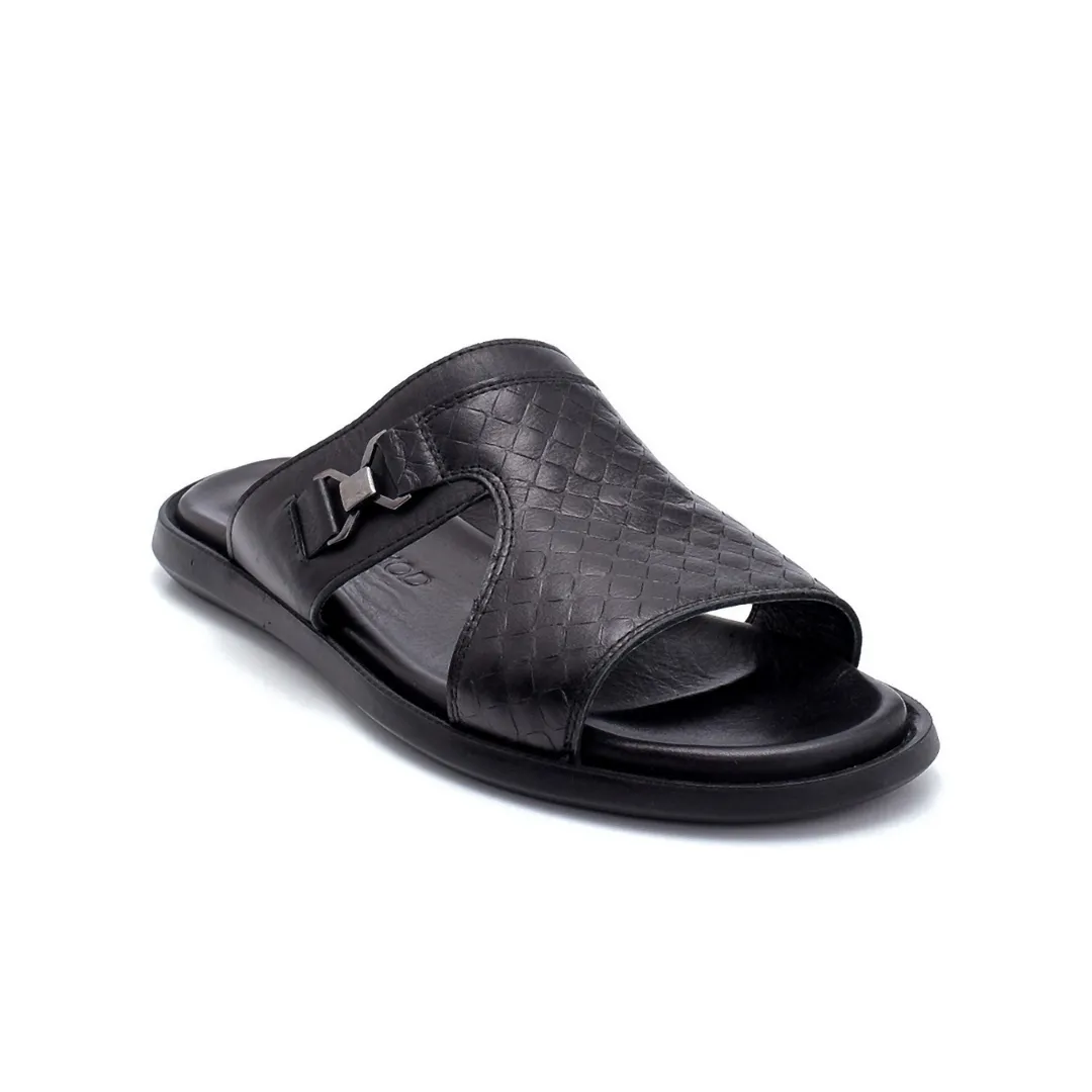 Black Men Leather Printed Slipper