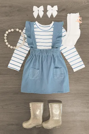 Blue & White Striped Corduroy Suspender Skirt Set