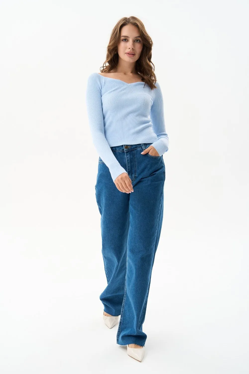 Blue Sweetheart Neckline Ribbed knit Sweater