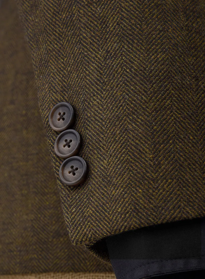 Bottle Brown Herringbone Tweed Suit - Leather Trim