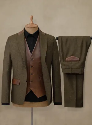 Bottle Brown Herringbone Tweed Suit - Leather Trim