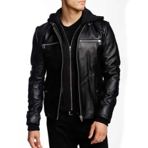 Buy Men Black Detachable Fabric Hooded Leather Jacket Motorcycle Leather Jackets