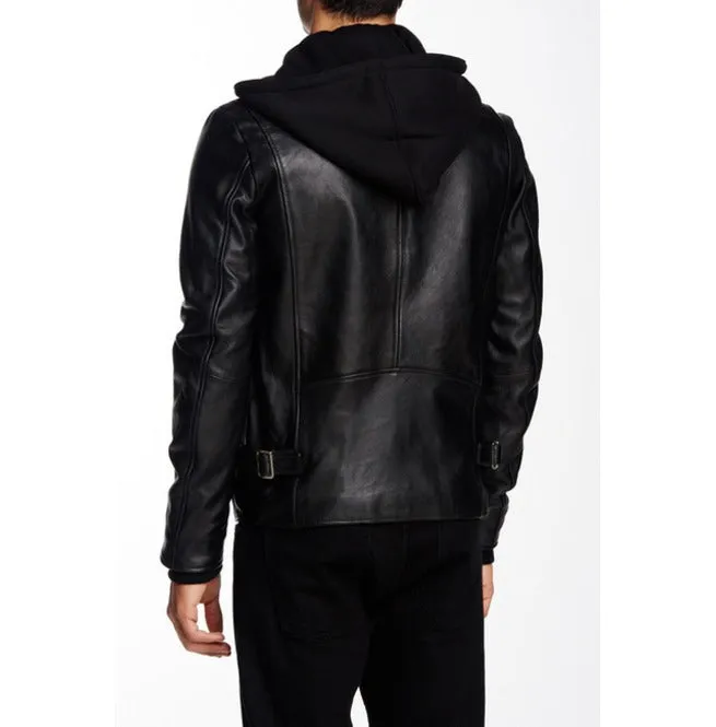 Buy Men Black Detachable Fabric Hooded Leather Jacket Motorcycle Leather Jackets