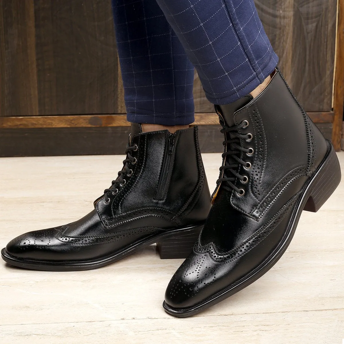 Bxxy's Men's Height Increasing Semi-Formal Cow Boy Ankle Zipper Lace-Up Brogue Boots