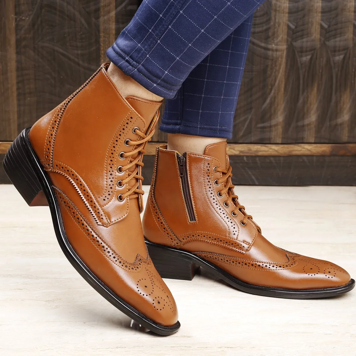 Bxxy's Men's Height Increasing Semi-Formal Cow Boy Ankle Zipper Lace-Up Brogue Boots