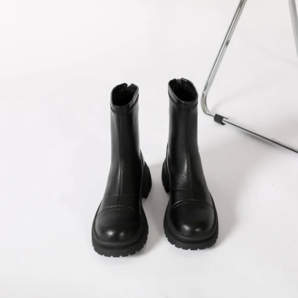 Chunky Heel Back Zipper Short Boots