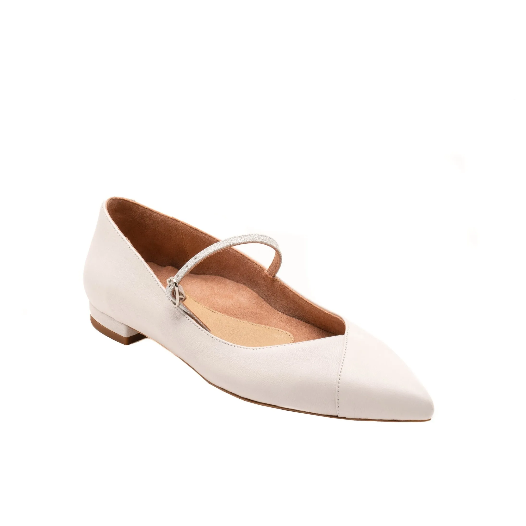 Classic White Leather Flat (Silver Shimmer Mary Jane Strap)