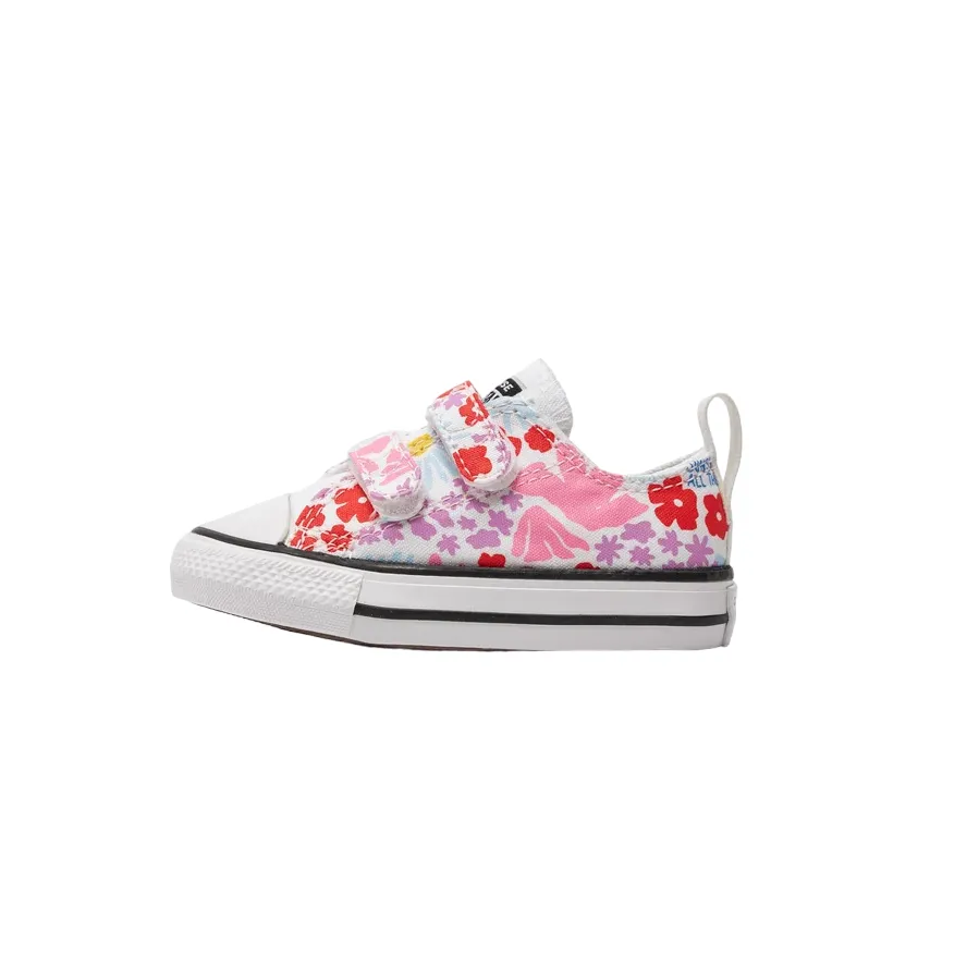 converse scarpa sneakers da bambina con 2 strappi a fantasia fiori A06340C bianco-celeste-rosa