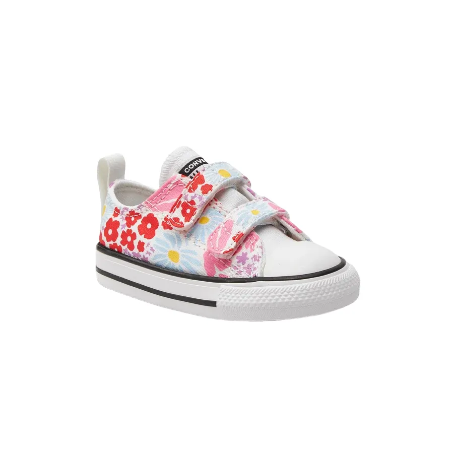 converse scarpa sneakers da bambina con 2 strappi a fantasia fiori A06340C bianco-celeste-rosa