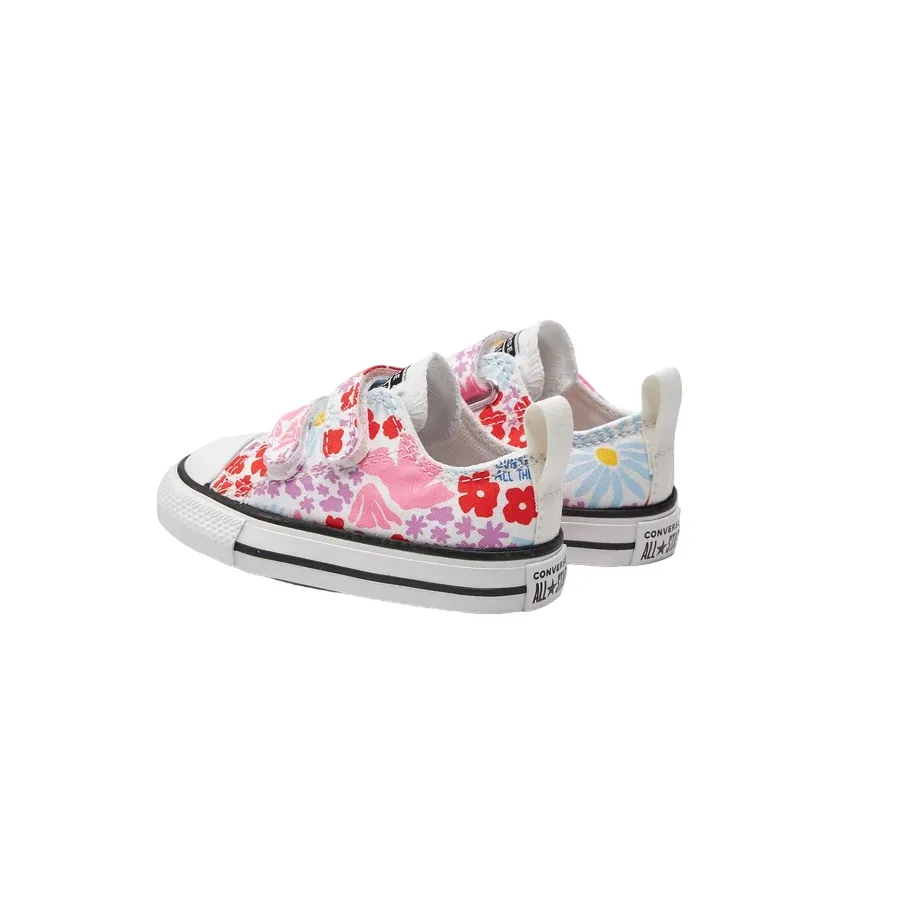 converse scarpa sneakers da bambina con 2 strappi a fantasia fiori A06340C bianco-celeste-rosa