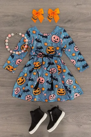 Denim Faux Embroidery Jack-O'-Lantern Dress