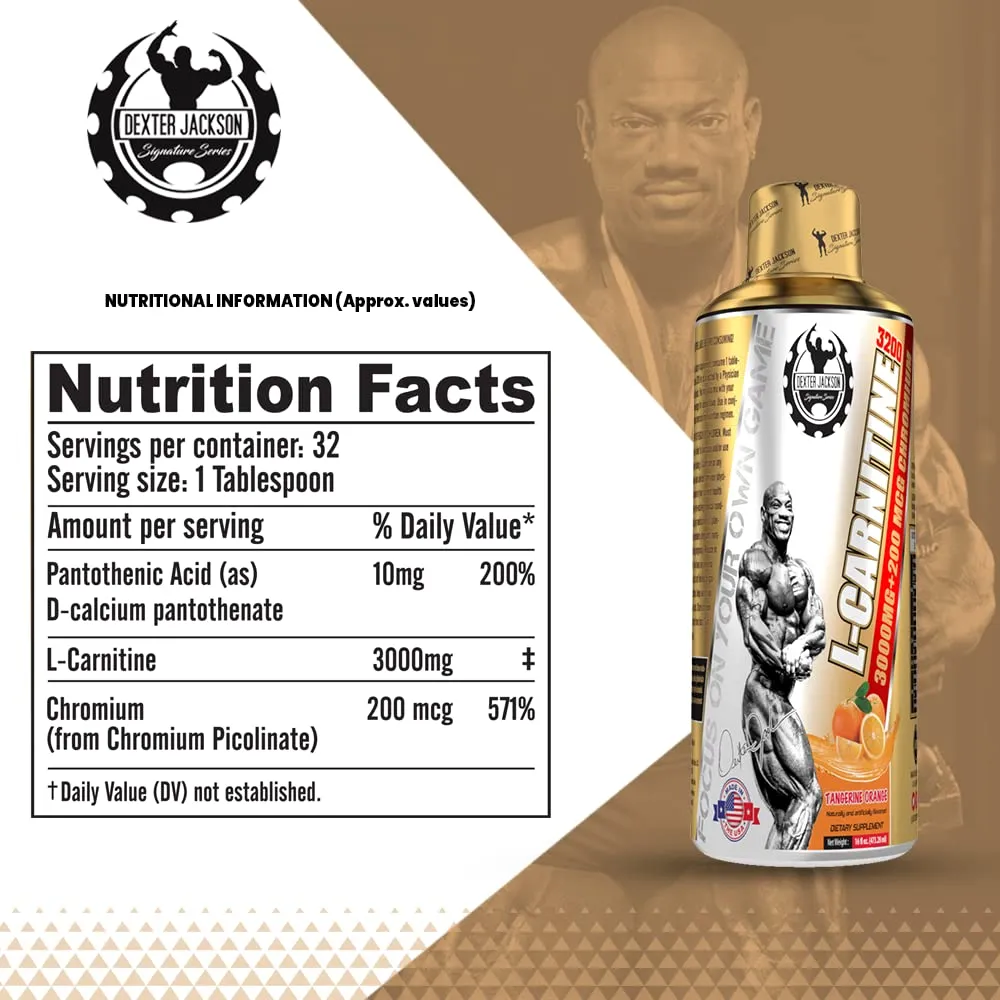 Dexter Jackson L-Carnitine Liquid | Tangerine Orange Flavor | 473.28ml Bottle - Dietary Supplement for Fat Metabolism and Energy Boost - 31 Servings