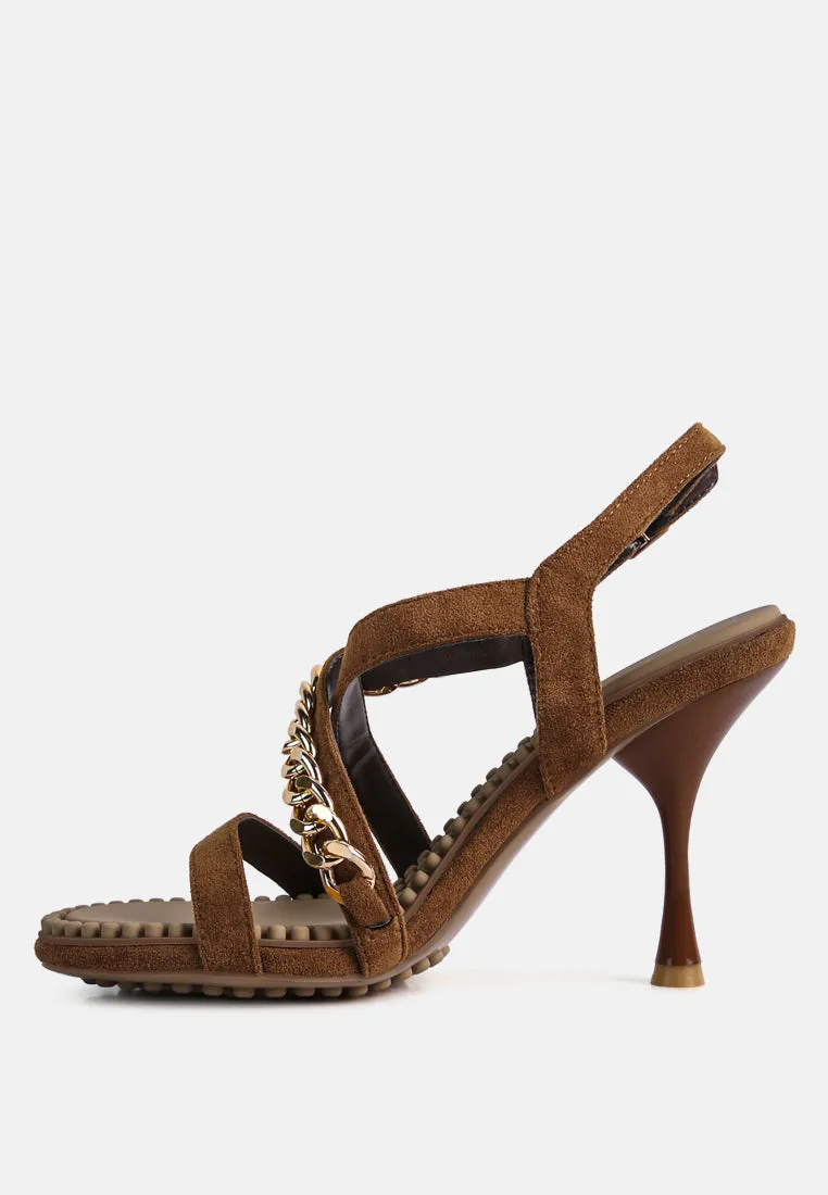 DOMEDA Tan Metal Chain Embellished Sandals