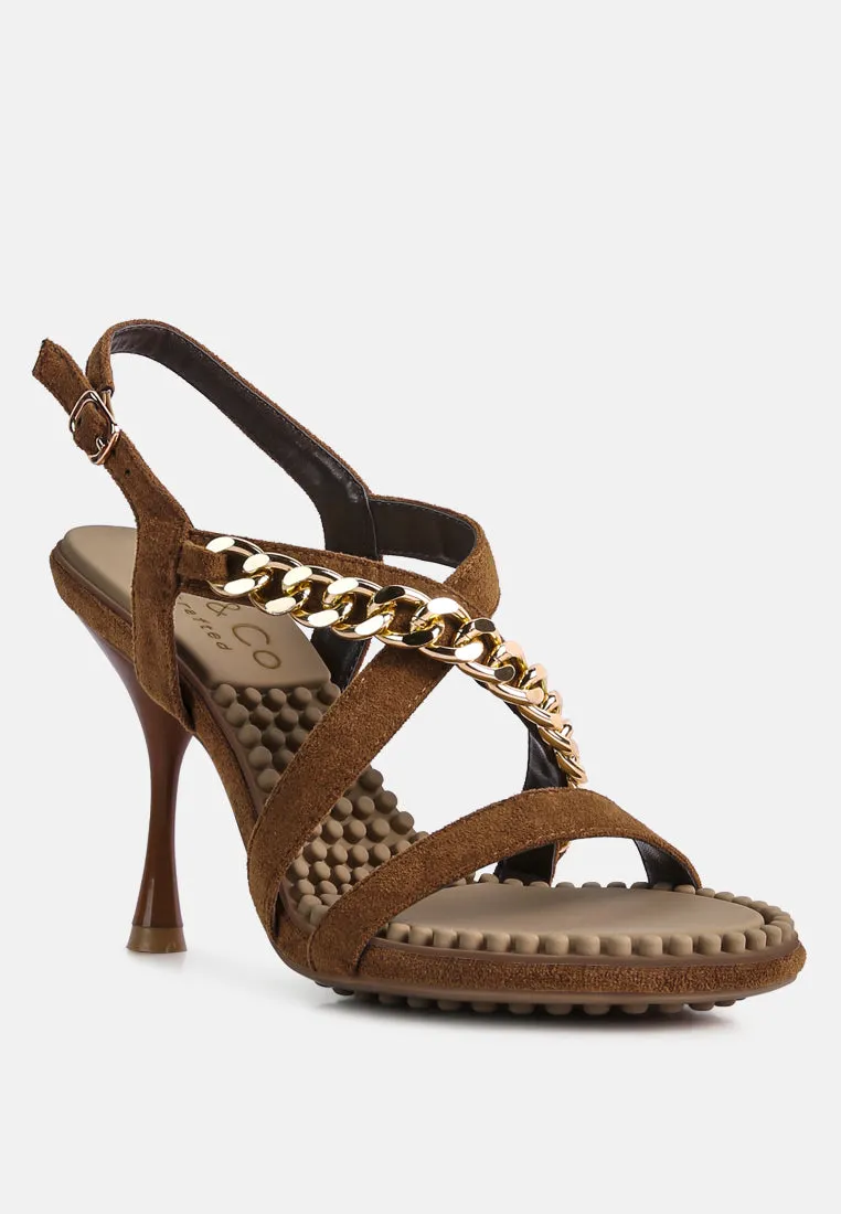 DOMEDA Tan Metal Chain Embellished Sandals