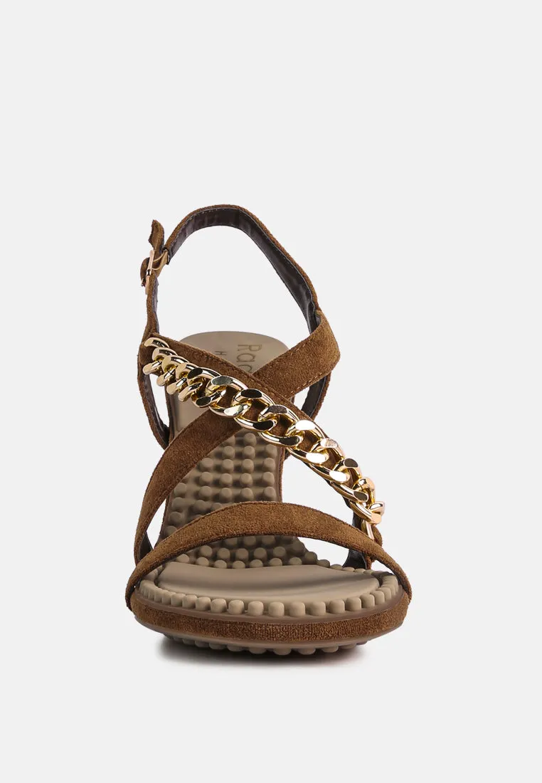 DOMEDA Tan Metal Chain Embellished Sandals