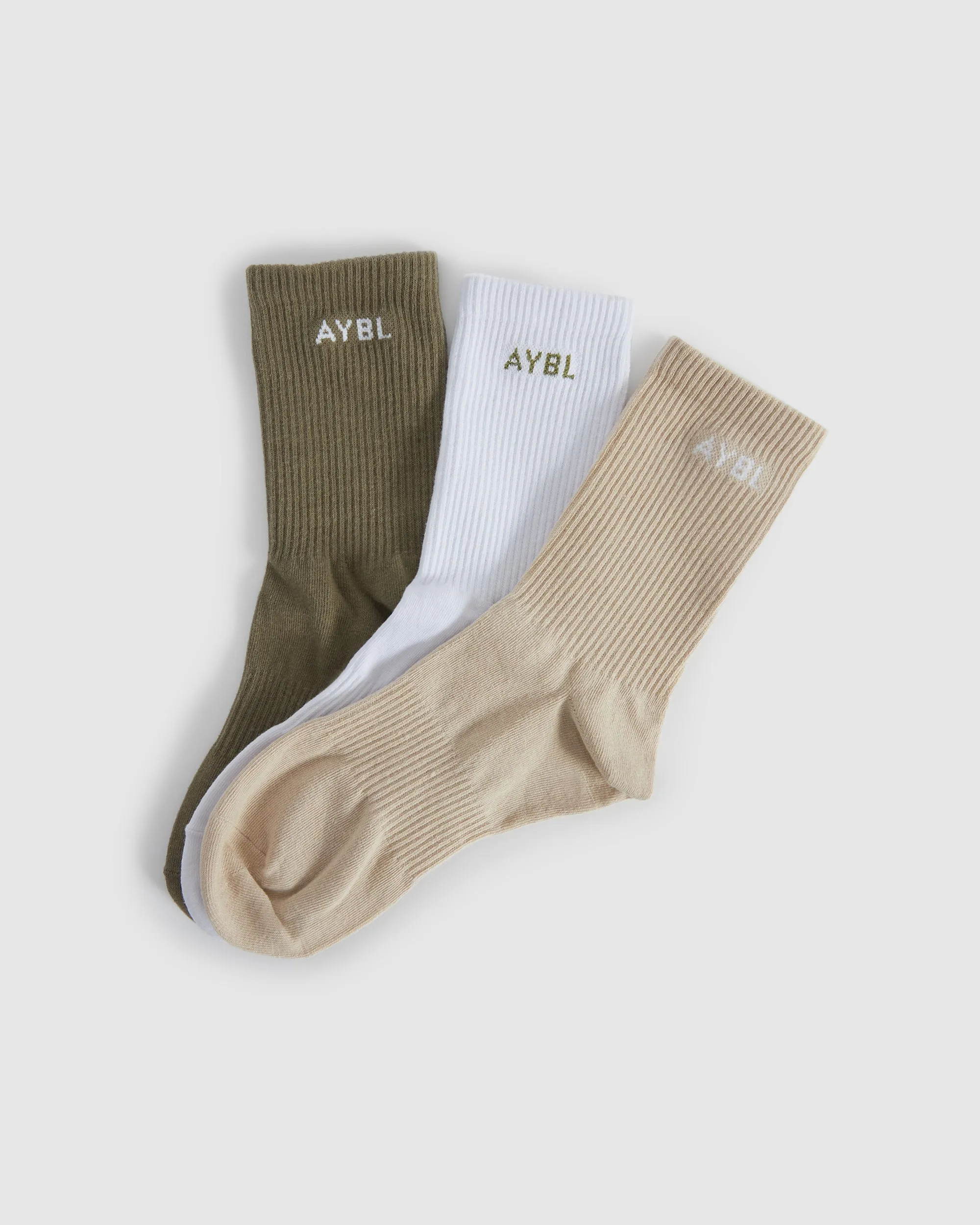 Everyday Crew Socks (3 Pack) - Khaki/Beige/White