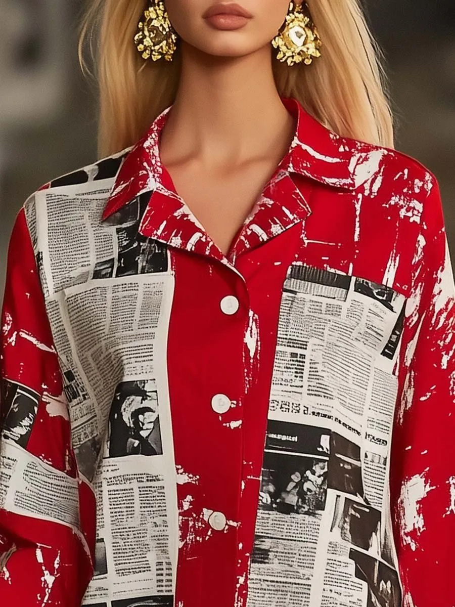 Fashionable Personalized Newspaper Print Red Loose Shirt Style Mini Dress