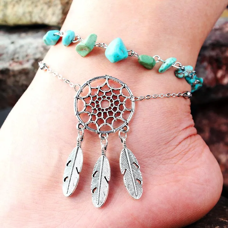 Footwear fashion irregular natural peacock turquoise openwork feather anklet