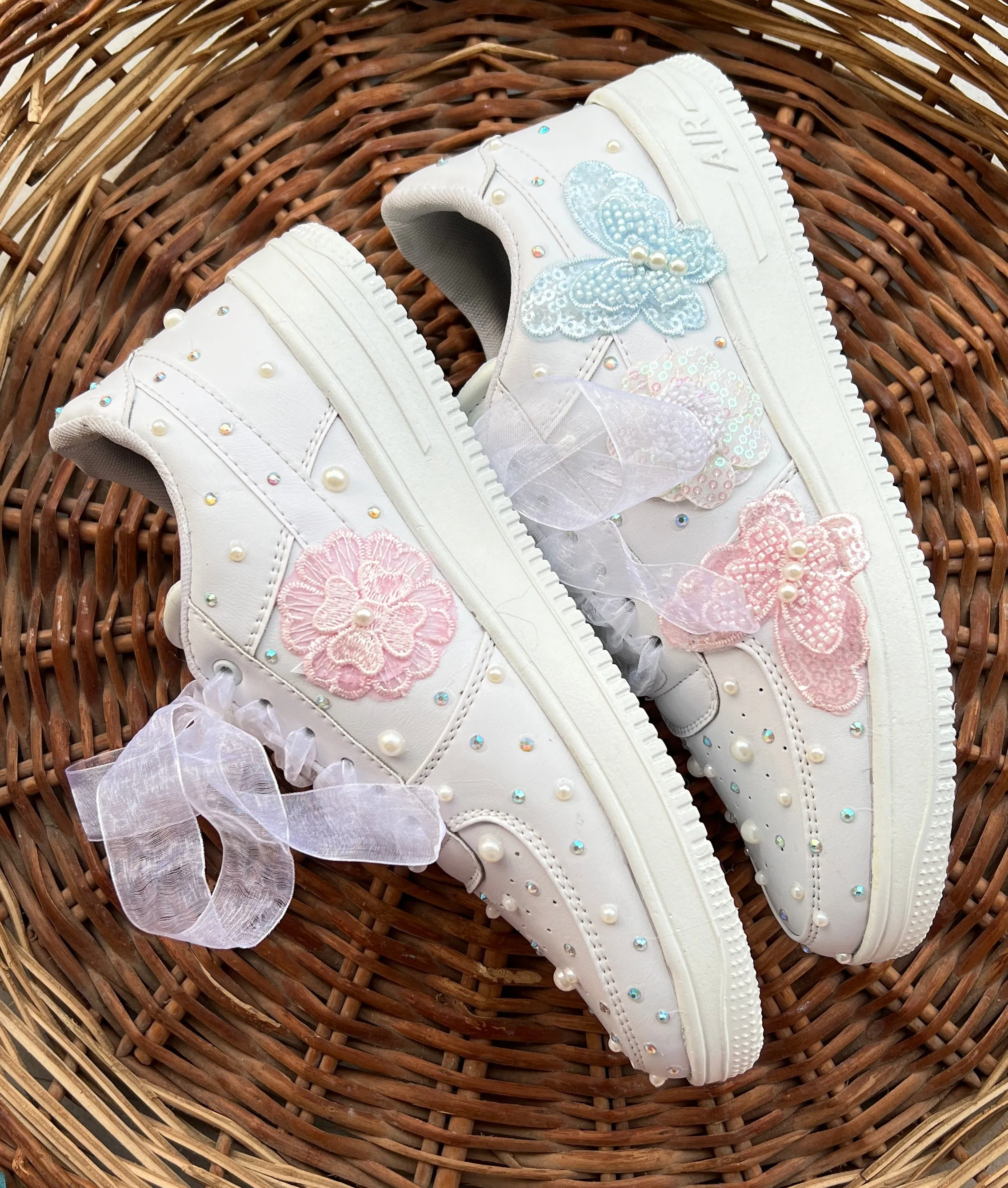 Funky N Trendy silver / white embroidery work bridal sneakers/ bridesmaid sneaker / hancrafted sneakers / white sneakers / silver sneakers/ pearl shoes /pearl sneakers/pink and blue butterfly sneakers