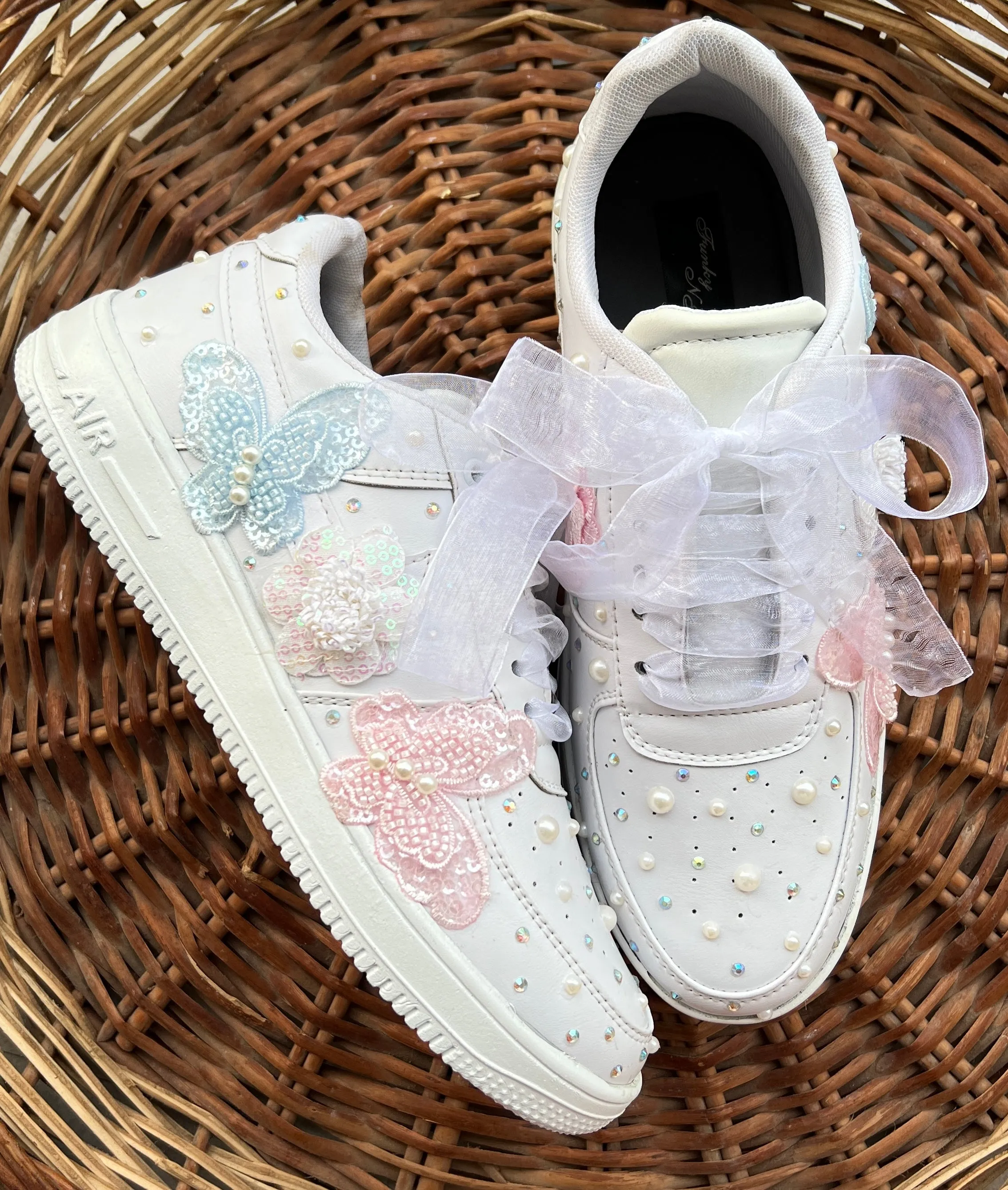 Funky N Trendy silver / white embroidery work bridal sneakers/ bridesmaid sneaker / hancrafted sneakers / white sneakers / silver sneakers/ pearl shoes /pearl sneakers/pink and blue butterfly sneakers