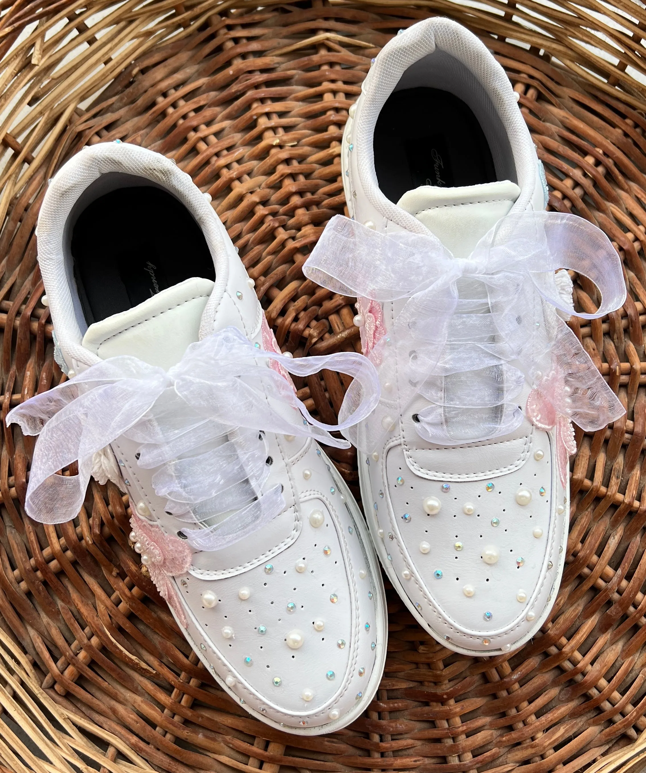 Funky N Trendy silver / white embroidery work bridal sneakers/ bridesmaid sneaker / hancrafted sneakers / white sneakers / silver sneakers/ pearl shoes /pearl sneakers/pink and blue butterfly sneakers