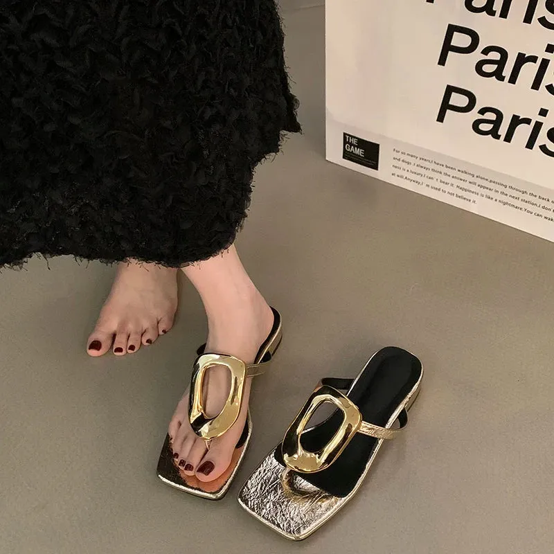 Hnzxzm 2024 New Brand Summer Women Silver Slippers Fashion Elegant Metal Decoration Slides Shoes Ladies Outdoor Thick Heel Sandalias