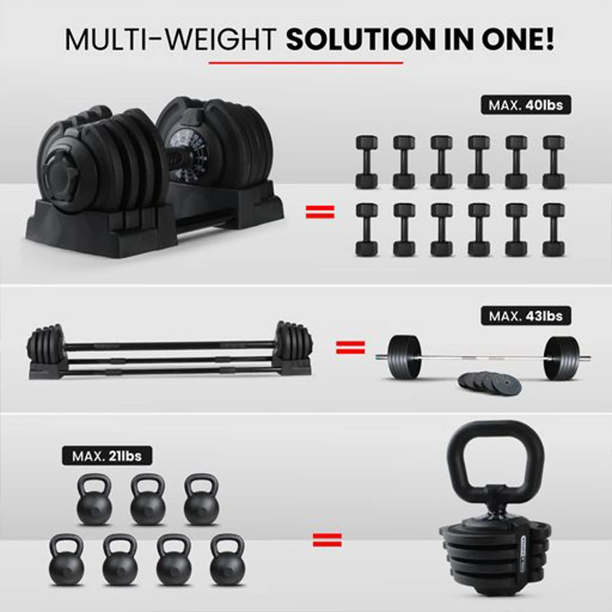 HolaHatha 3-in-1 Multifunctional Home Gym Workout Dumbbell Set Equipment, Black