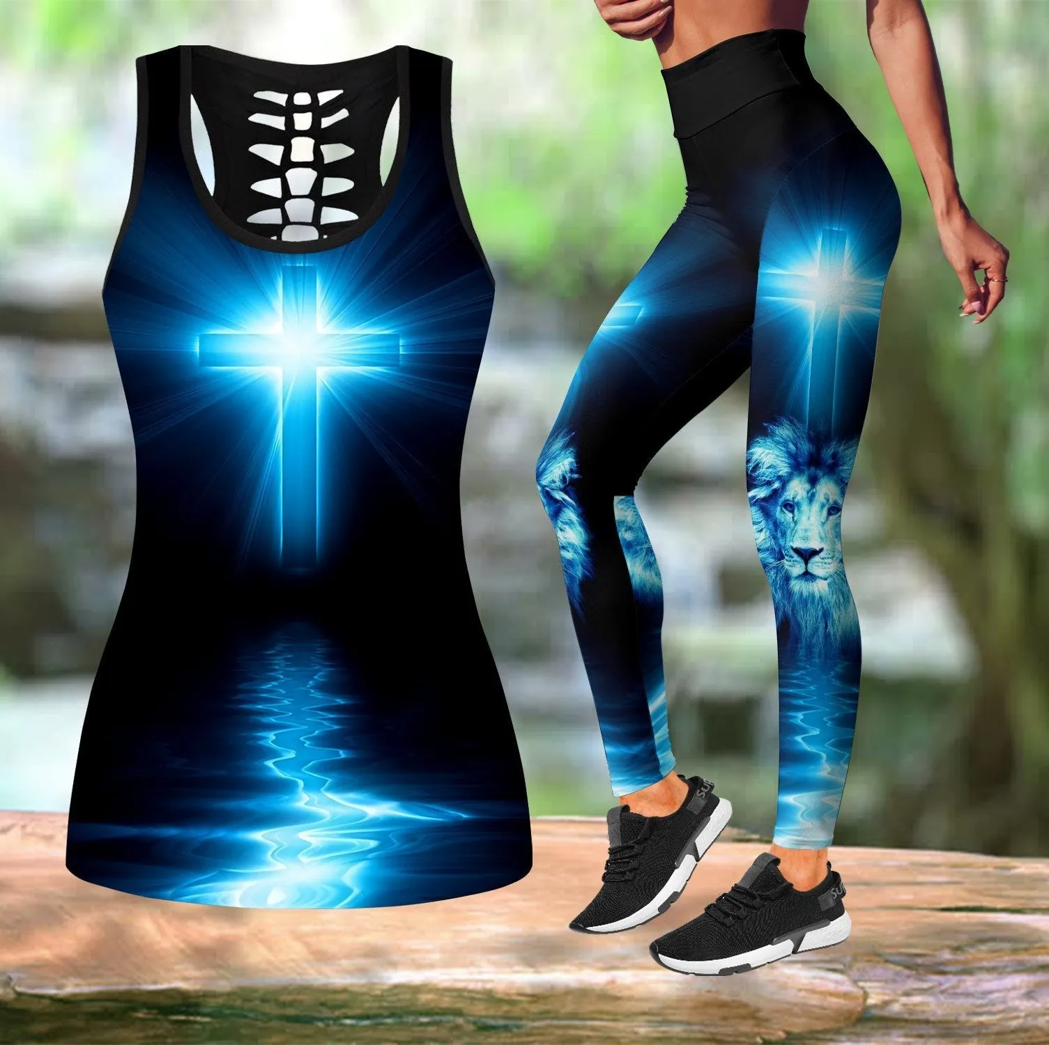 Jesus Lion Blue Color Jesus Tank And Legging - Christian Tank Top And Legging Sets For Women