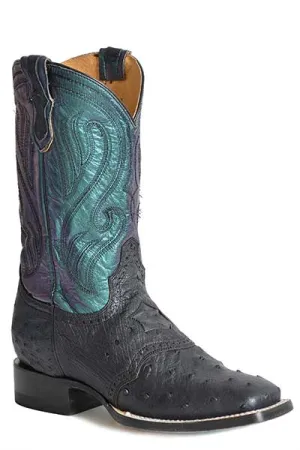 Ladies Roper Footwear Black Ostrich Broad Square Toe Boots with Iridescent Turquoise Tops