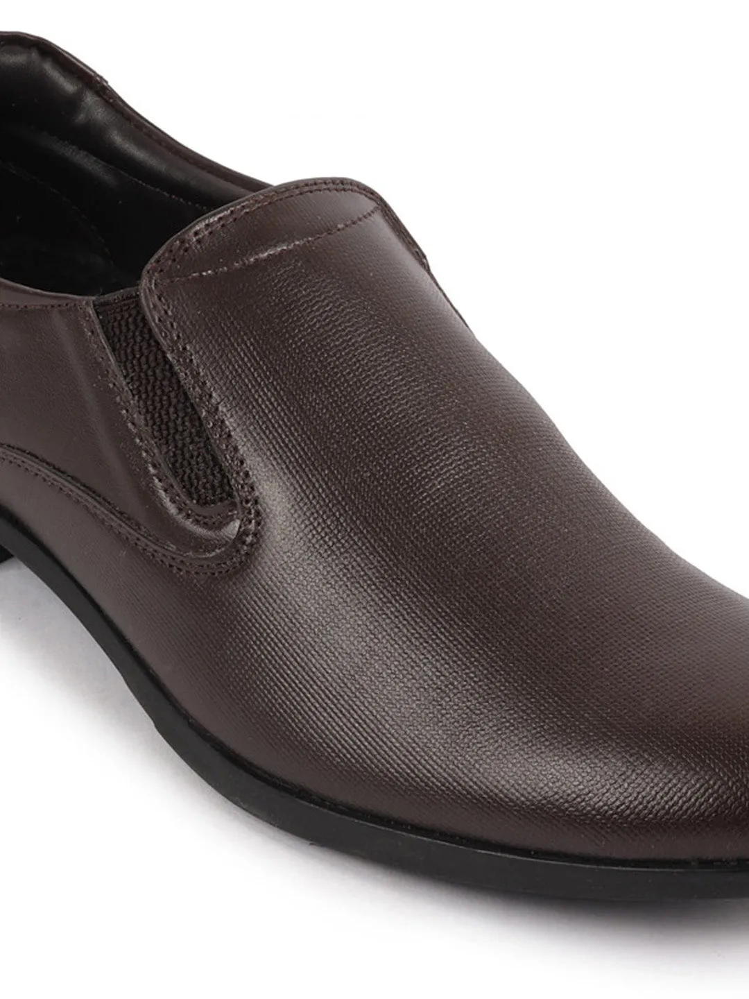 Men Brown Formal Office Textured Design Side Stitched Genuine Leather Slip On Shoes