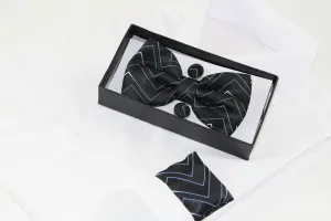 Mens Black & Blue Zig Zag Matching Bow Tie, Pocket Square & Cuff Links Set