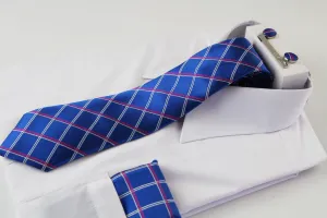 Mens Blue, Silver & Pink, Checkered Matching Neck Tie, Pocket Square, Cuff Links And Tie Clip Set