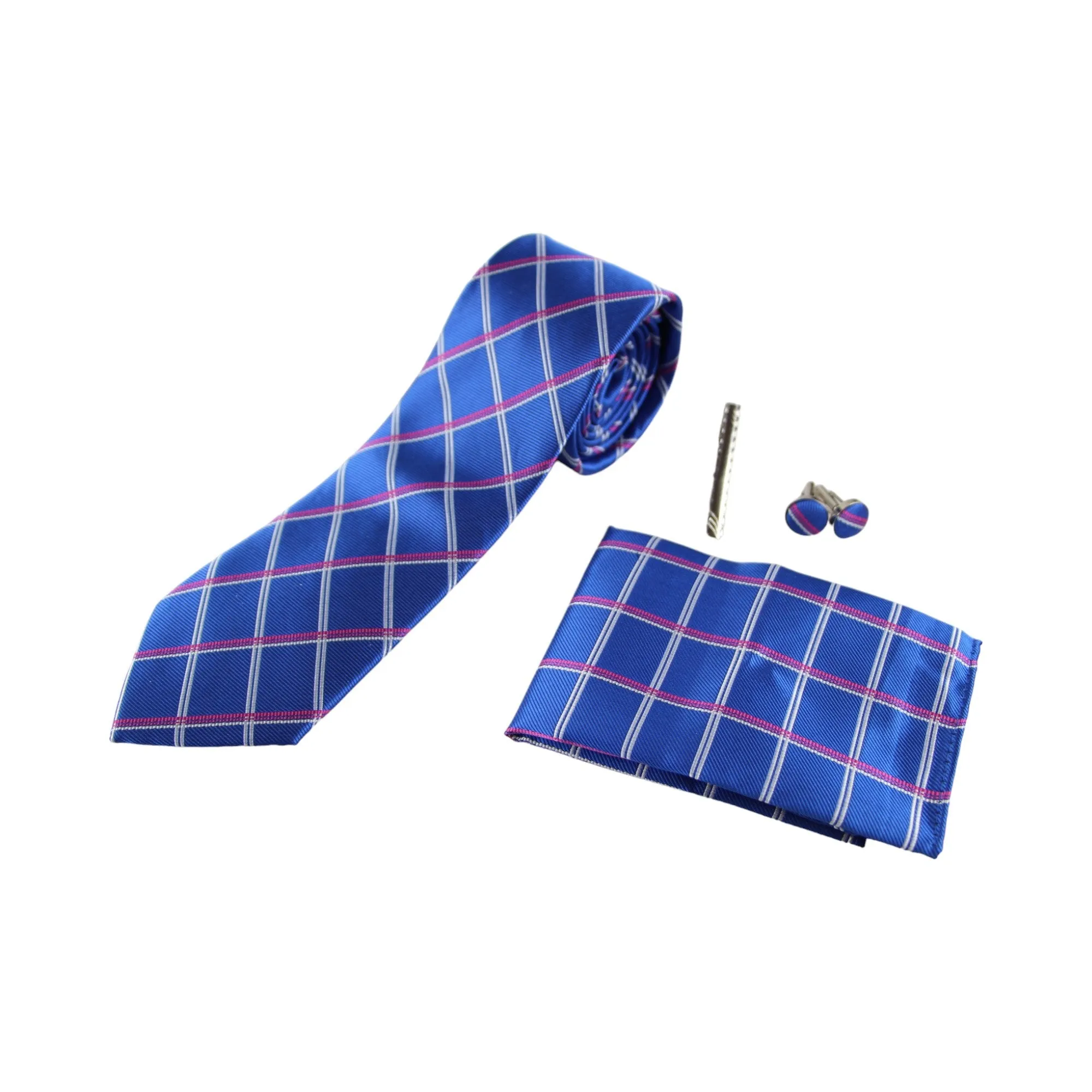 Mens Blue, Silver & Pink, Checkered Matching Neck Tie, Pocket Square, Cuff Links And Tie Clip Set