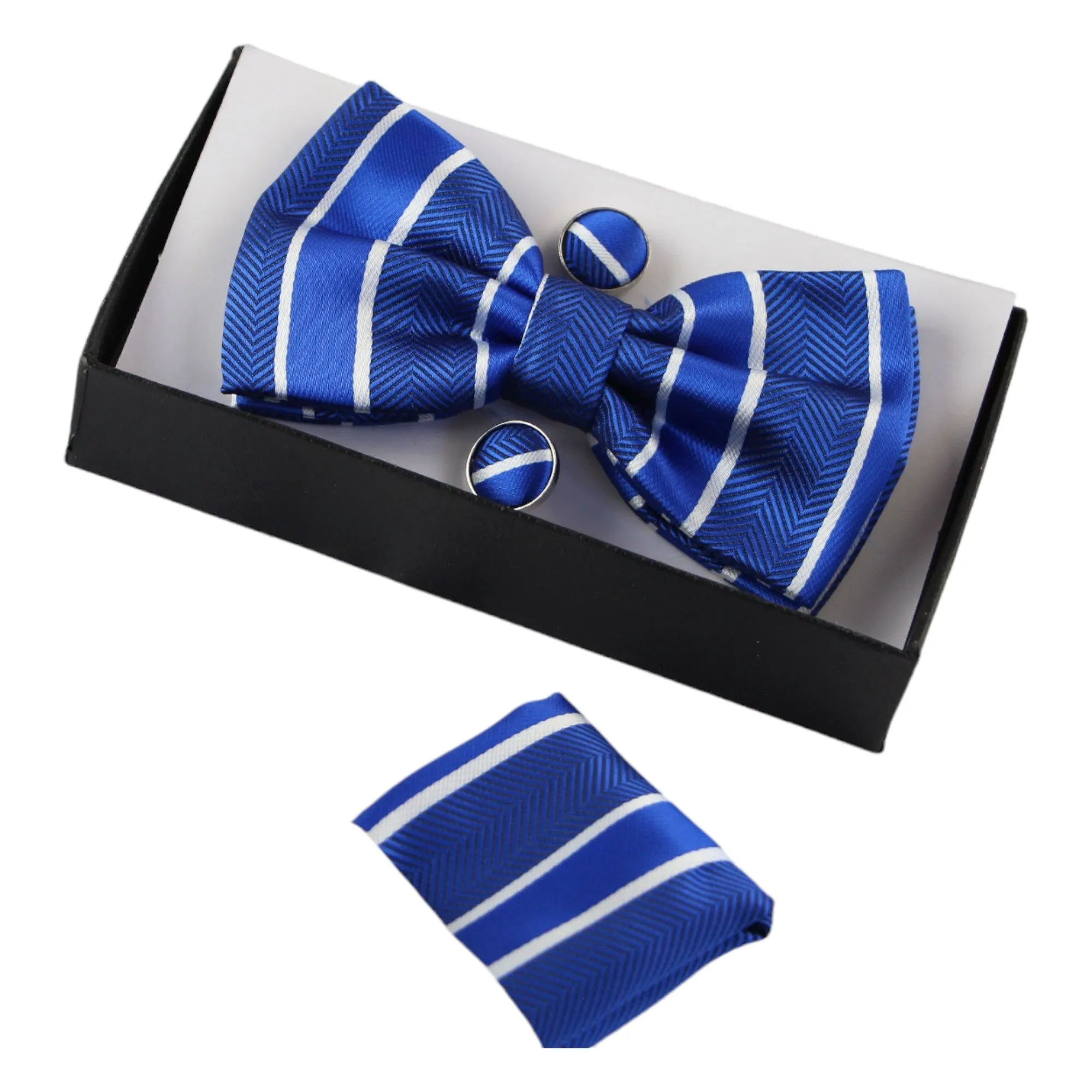 Mens Blue Textured Stripe Matching Bow Tie, Pocket Square & Cuff Links Set