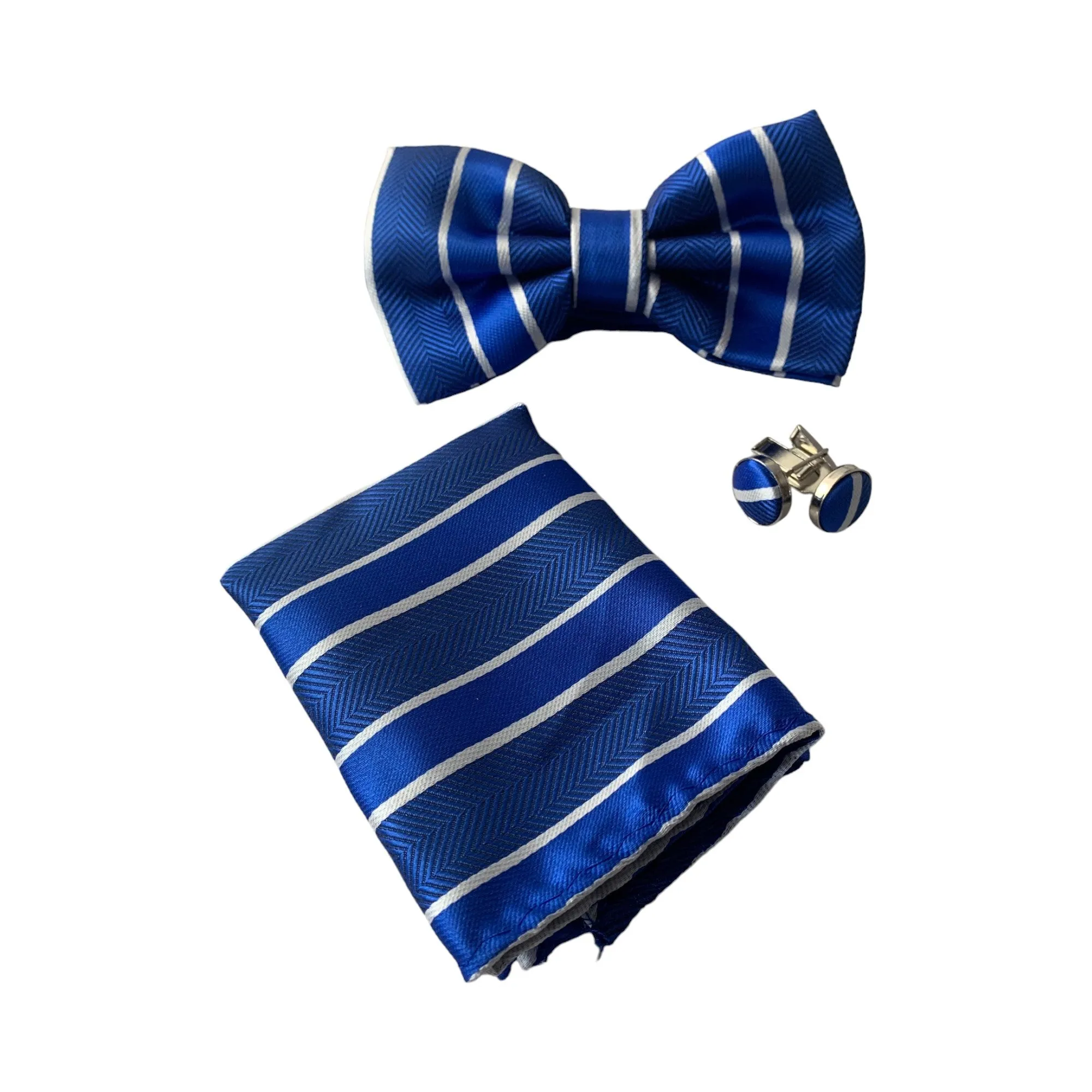 Mens Blue Textured Stripe Matching Bow Tie, Pocket Square & Cuff Links Set