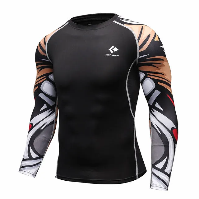 Mens Compression Shirts Bodybuilding Skin Tight Long Sleeves Jerseys Clothings MMA Crossfit Exercise Workout Fitness Sportswear