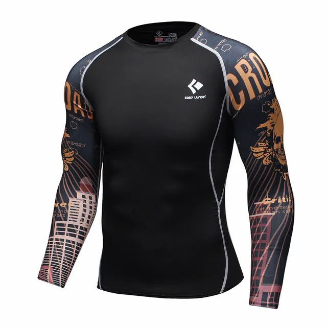 Mens Compression Shirts Bodybuilding Skin Tight Long Sleeves Jerseys Clothings MMA Crossfit Exercise Workout Fitness Sportswear