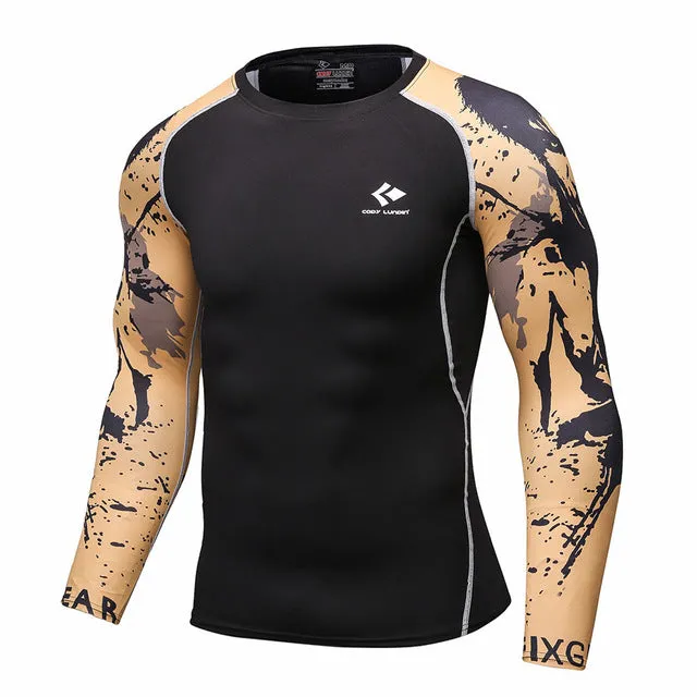 Mens Compression Shirts Bodybuilding Skin Tight Long Sleeves Jerseys Clothings MMA Crossfit Exercise Workout Fitness Sportswear