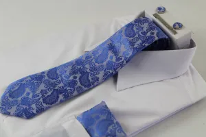 Mens Cornflower Blue & Baby Blue Boho Paisley Matching Neck Tie, Pocket Square, Cuff Links And Tie Clip Set