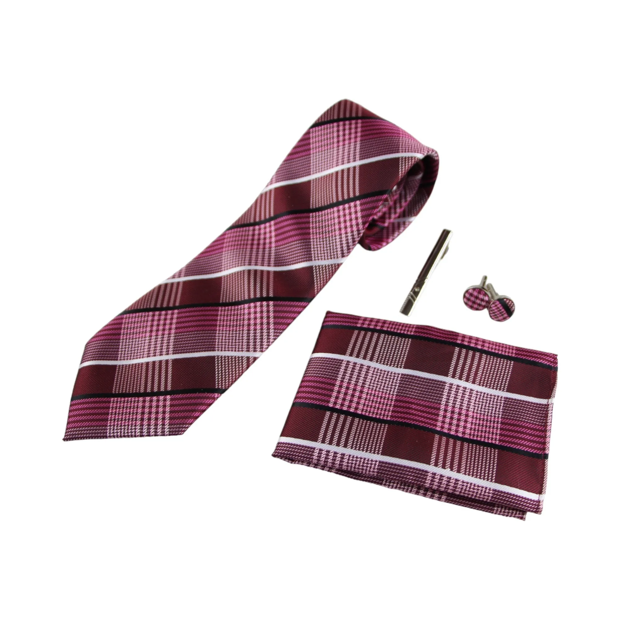 Mens Maroon & Pink Checkered Matching Neck Tie, Pocket Square, Cuff Links And Tie Clip Set