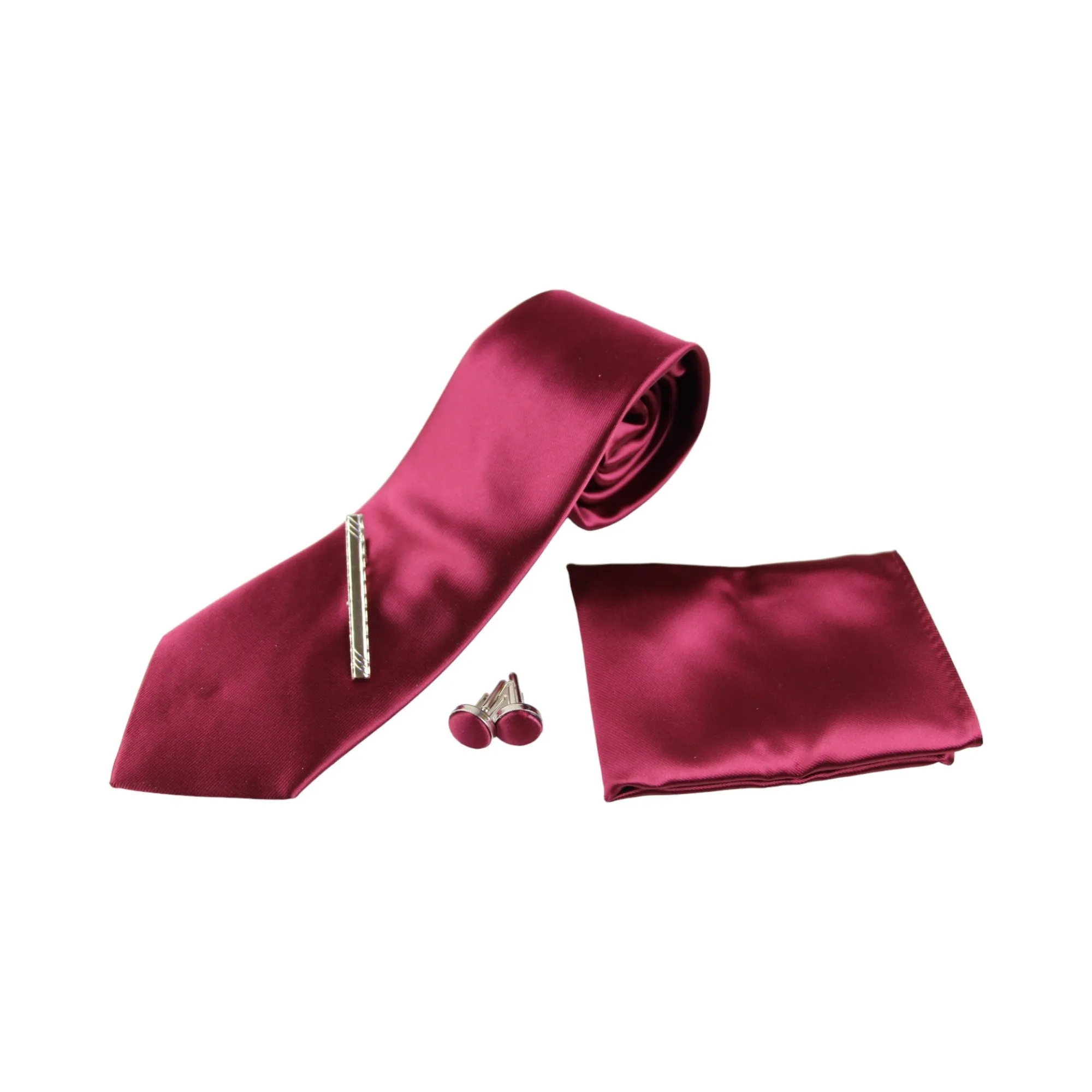 Mens Maroon Matching Neck Tie, Pocket Square, Cuff Links And Tie Clip Set