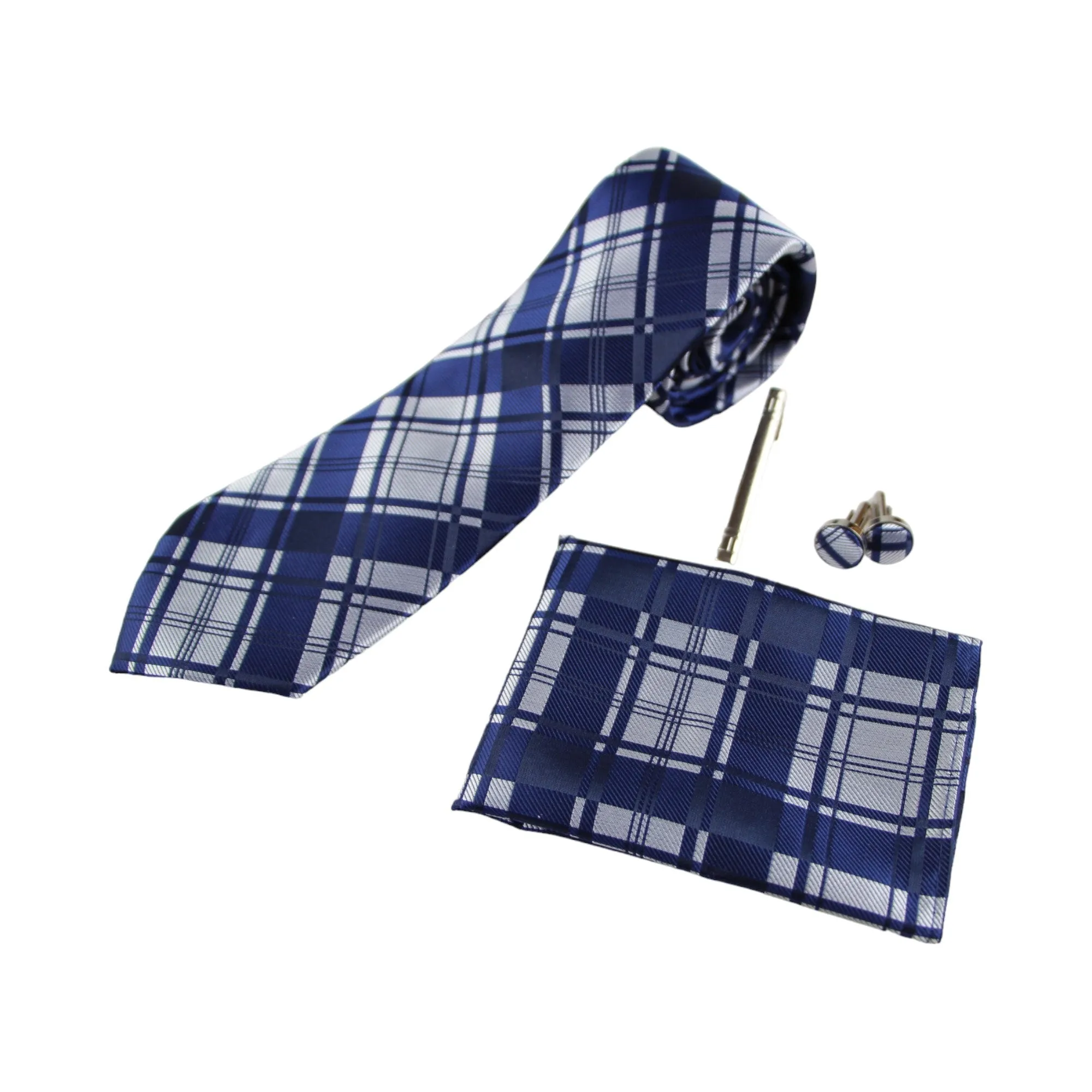 Mens Navy & Silver Checkered Matching Neck Tie, Pocket Square, Cuff Links And Tie Clip Set